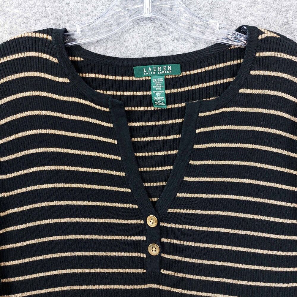 Lauren Ralph Lauren Striped Knit Top Womens 2X Black Gold Henley Metallic Ribbed - Picture 3 of 8
